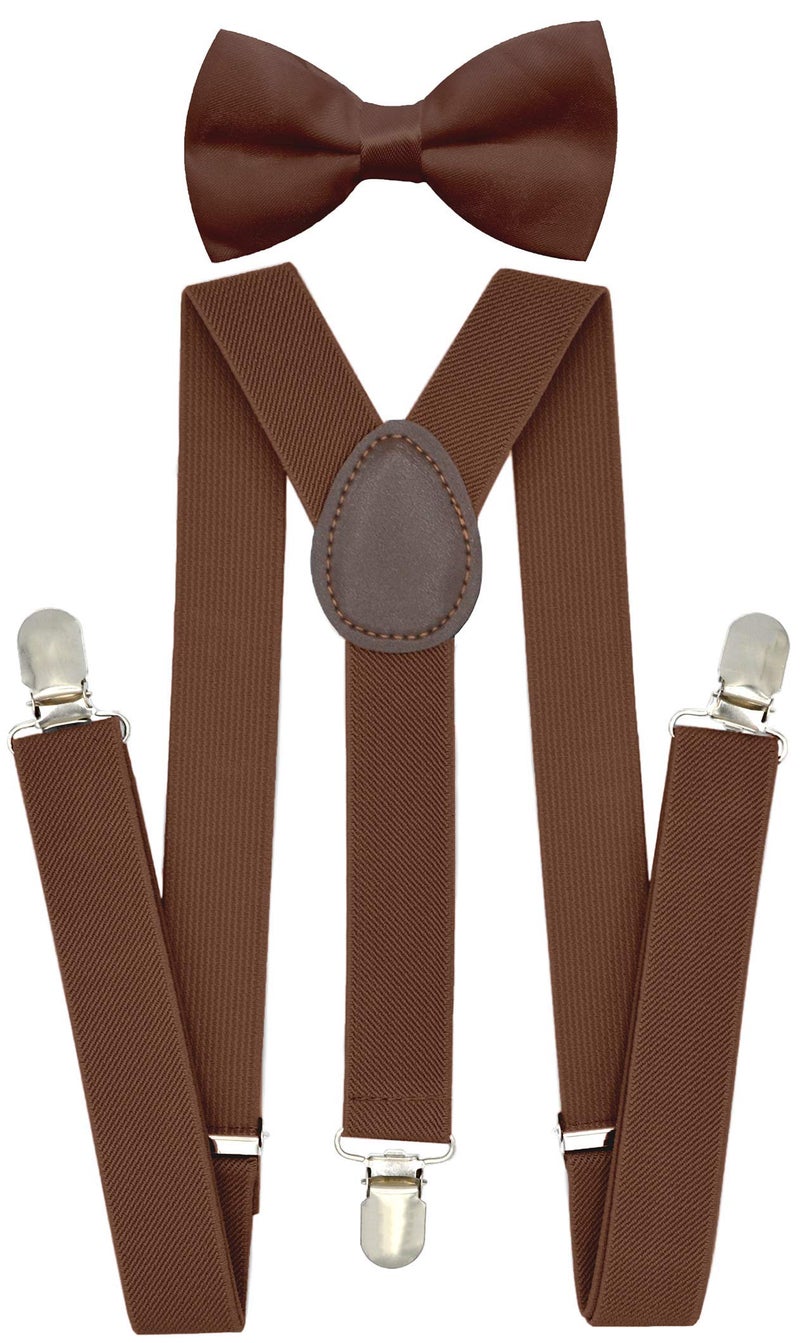 trilece Brown Suspenders and Bow Tie Set for Boys, Kids,Girls,Toddlers,Baby - Adjustable Elastic 1 inch Wide Y Shape - Heavy Duty Strong Clips (6 Years to 5 Feet, Brown) - Image 1